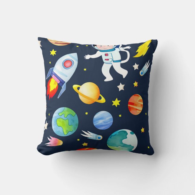Astronaut in Space Planets and Rockets Pattern Throw Pillow (Front)