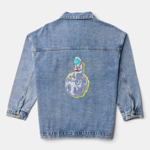 Astronaut In Space Sitting On The Moon Reading A B Denim Jacket