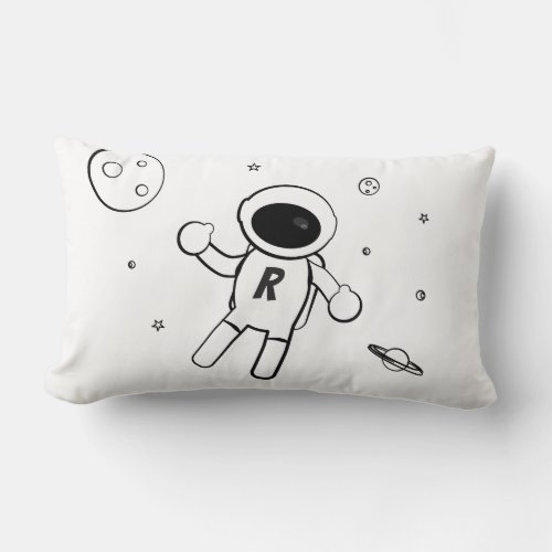 Astronaut In Space _ Sketched Art in Black  White Lumbar Pillow