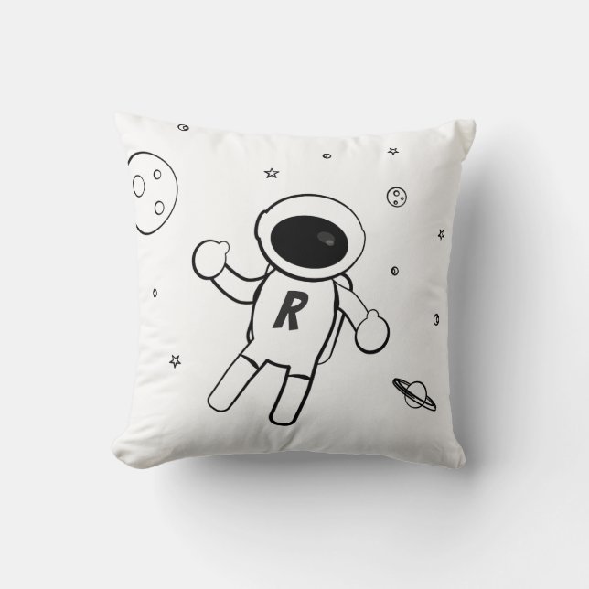 Astronaut In Space - Sketched Art in Black & White Throw Pillow (Front)