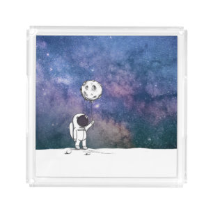 Astronaut in space with moon balloon cosmos stars acrylic tray