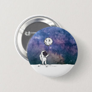 Astronaut in space with moon balloon cosmos stars button