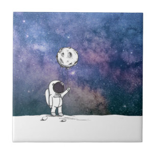 Astronaut in space with moon balloon cosmos stars ceramic tile
