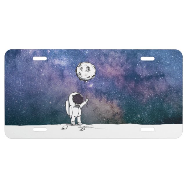 Astronaut in space with moon balloon cosmos stars license plate (Front)