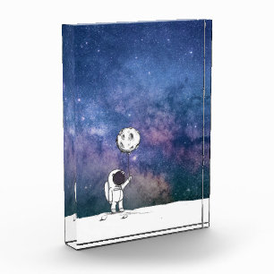 Astronaut in space with moon balloon cosmos stars photo block
