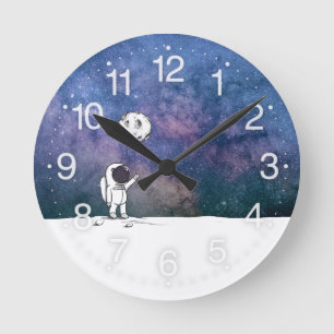 Astronaut in space with moon balloon cosmos stars round clock