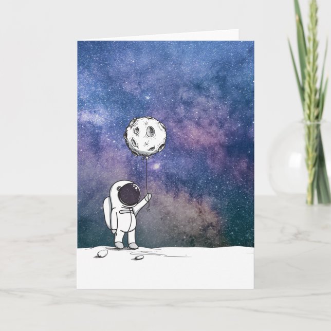 Astronaut in space with moon balloon cosmos stars thank you card (Front)
