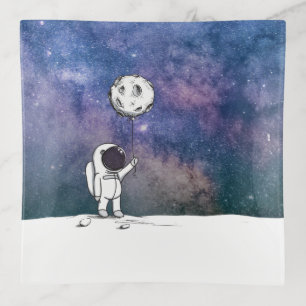 Astronaut in space with moon balloon cosmos stars trinket tray