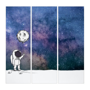 Astronaut in space with moon balloon cosmos stars triptych
