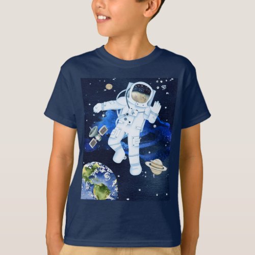 Astronaut in space with planets and galaxy T_Shirt