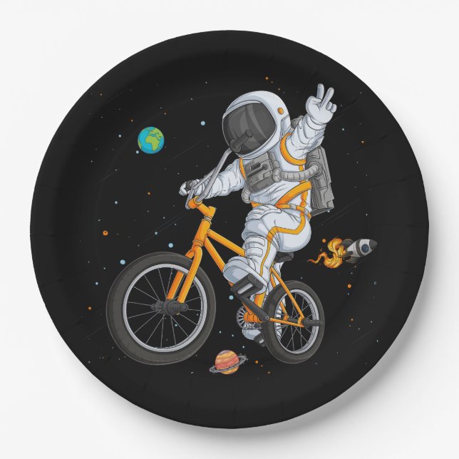 astronaut in spacesuit riding bmx bike on space ov paper plates (Front)