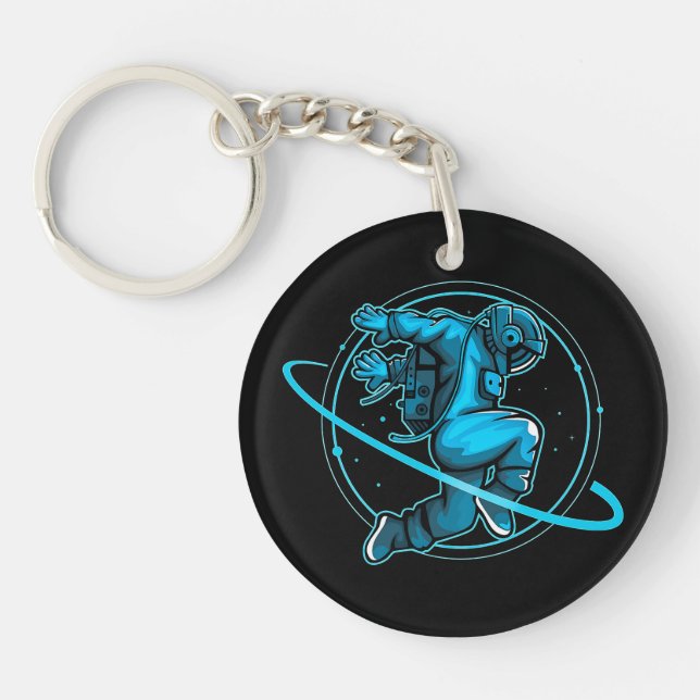 Astronaut Jumping Dancing Around Saturn Artwork | Keychain (Front)