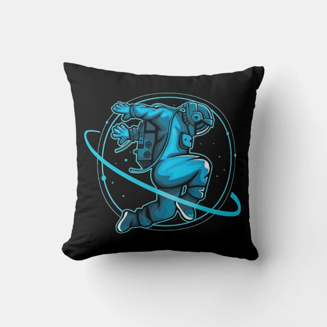 Astronaut Jumping Dancing Around Saturn Artwork | Throw Pillow (Front)