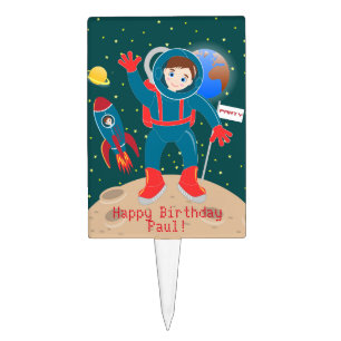 Astronaut kid on the moon birthday party cake topper
