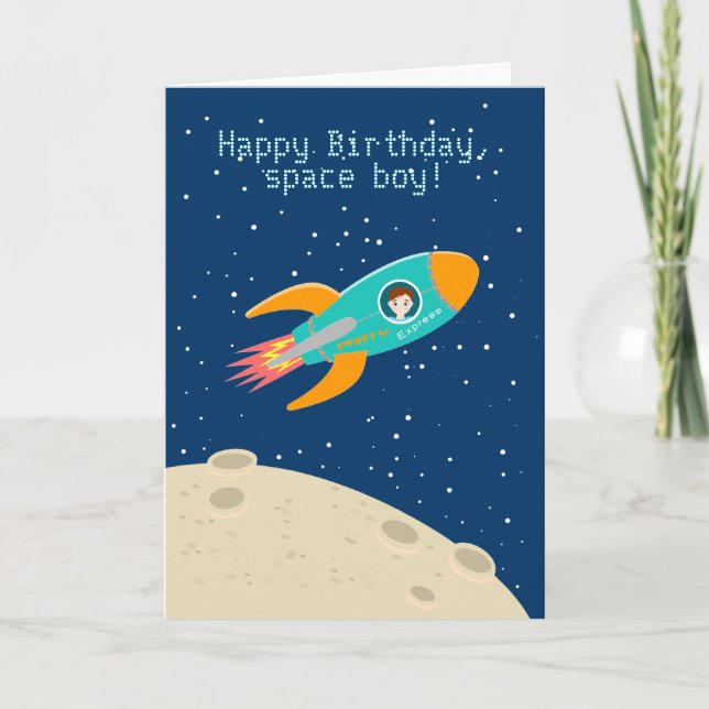 Astronaut kid on the moon birthday party card (Front)