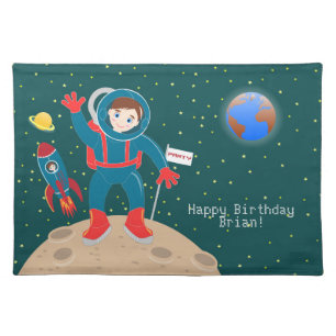 Astronaut kid on the moon birthday party cloth placemat