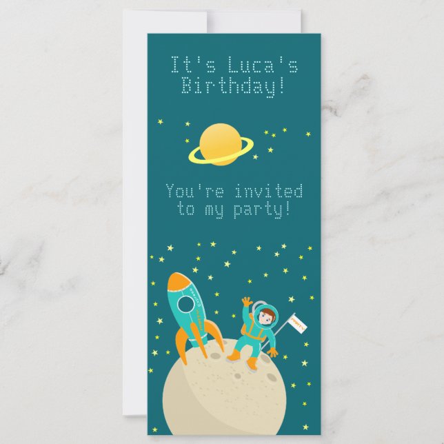 Astronaut kid on the moon birthday party invitation (Front)