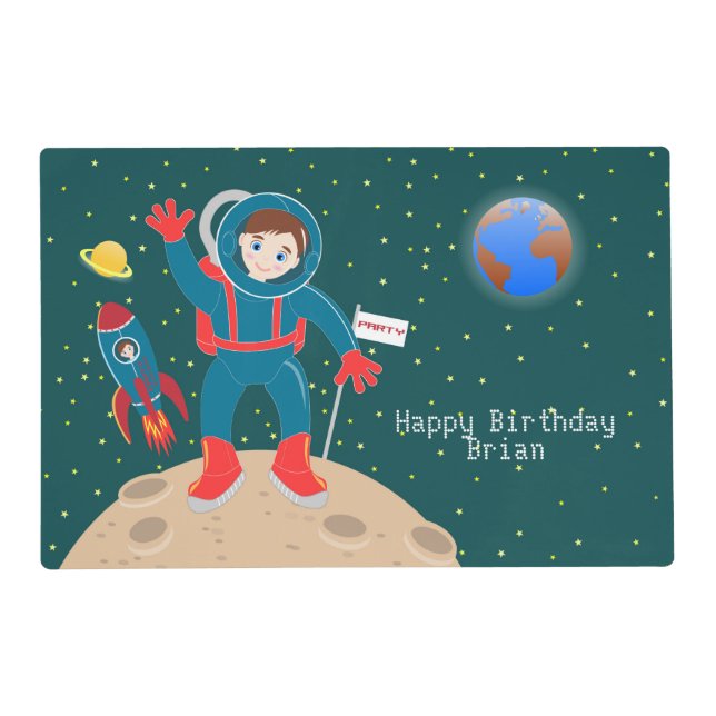 Astronaut kid on the moon birthday party placemat (Front)