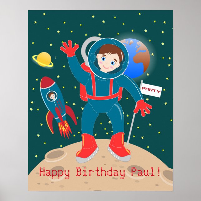 Astronaut kid on the moon birthday party poster (Front)