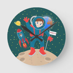 Astronaut kid on the moon birthday party round clock