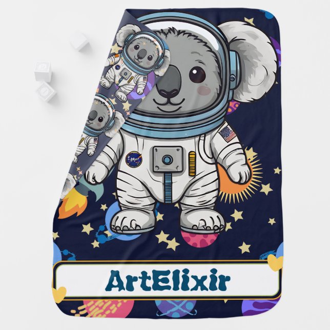 Astronaut Koala Cartoon Print Baby Blanket (In Situ)