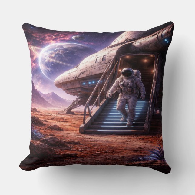 Astronaut Leaving Landing Ship Throw Pillow (Front)