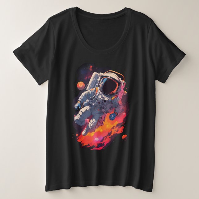 Astronaut Lost in Galaxy Background Plus Size T-Shirt (Design Front)