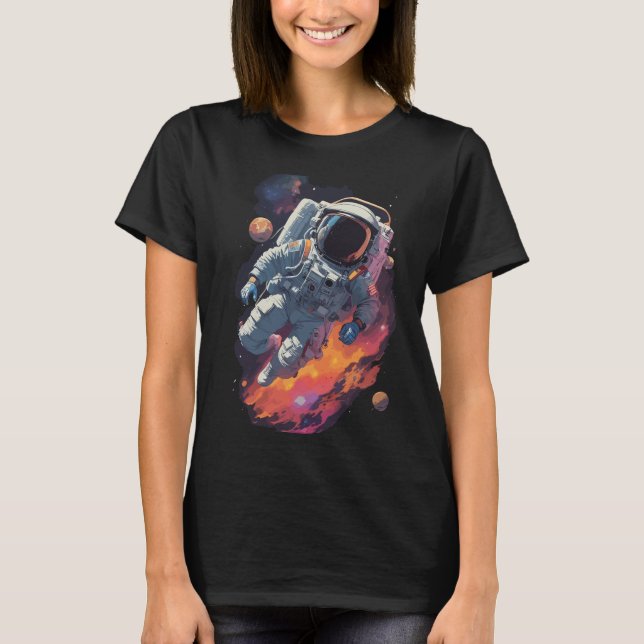 Astronaut Lost in Galaxy Background T-Shirt (Front)