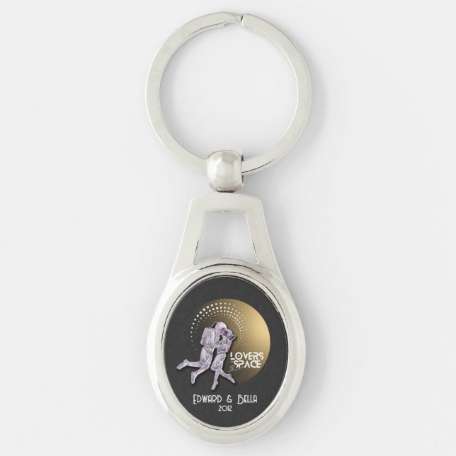 Astronaut Lovers Kissing in Space with Gold Planet Keychain (Front)
