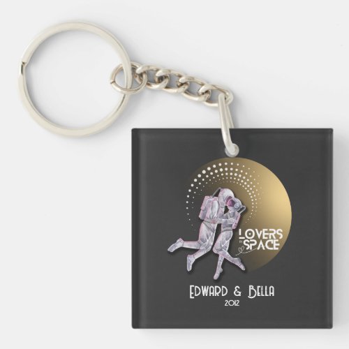 Astronaut Lovers Kissing in Space with Gold Planet Keychain