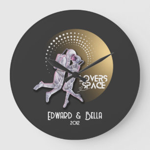 Astronaut Lovers Kissing in Space with Gold Planet Large Clock