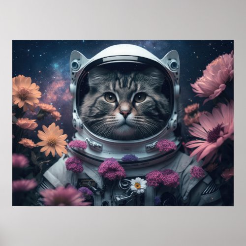 Astronaut Maine Coon cat   with flowers _ AI art Poster
