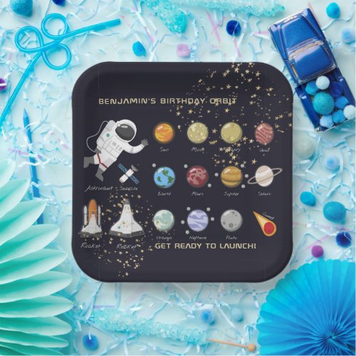 Astronaut Monogram Typography Solar System Kids  Paper Plates