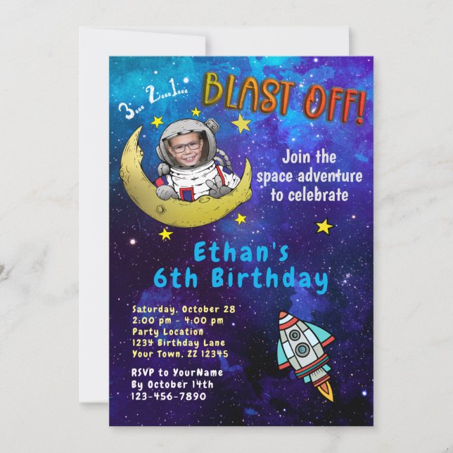 Astronaut & Moon Photo Birthday Party Invitation (Front)