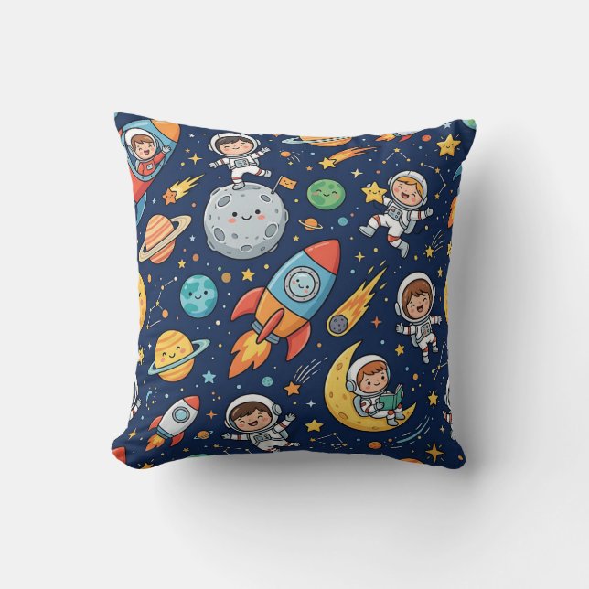 Astronaut Moon Rocket Throw Pillow (Front)