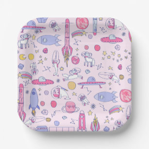 astronaut Narwhal Raccoon Unicorn ufo sci-fi space Paper Plates