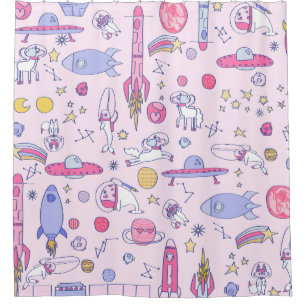 astronaut Narwhal Raccoon Unicorn ufo sci-fi space Shower Curtain