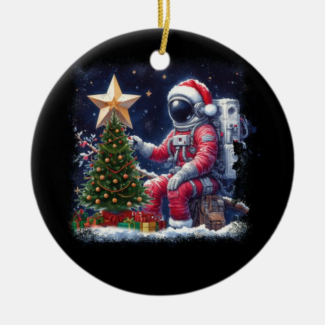 Astronaut Near By Christmas Tree Outer Space Chris Ceramic Ornament (Front)