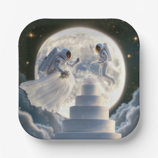 Astronaut Newlyweds In Moonlight Paper Plates (Front)