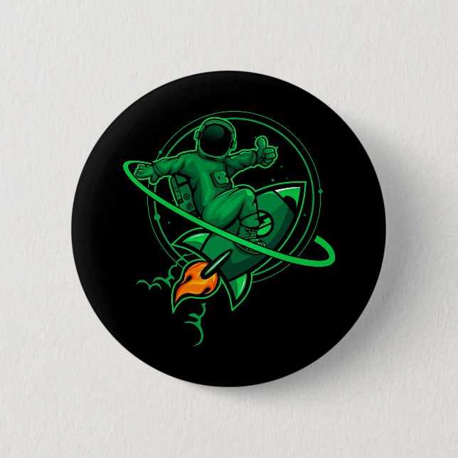 Astronaut On A Rocket Around Saturn Artwork | Button (Front)
