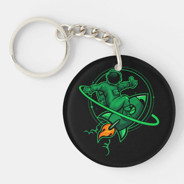 Astronaut On A Rocket Around Saturn Artwork | Keychain (Front)