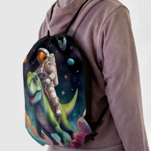 Astronaut on Dino in Space Drawstring Bag