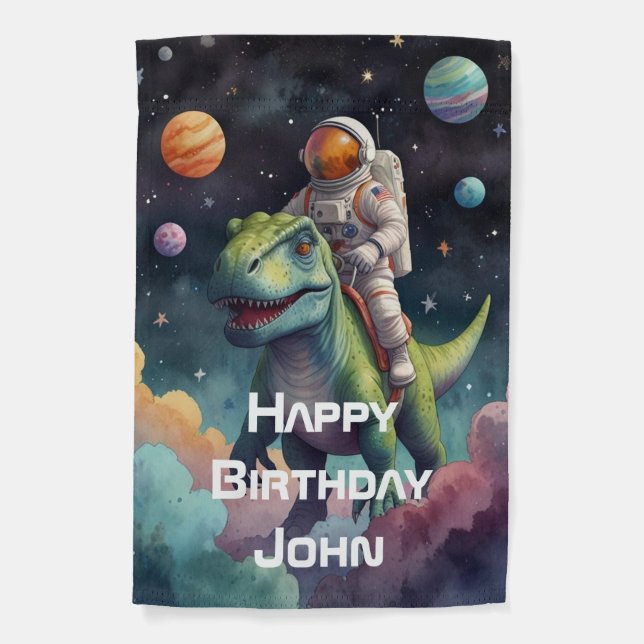 Astronaut on Dino in Space  Garden Flag (Front)