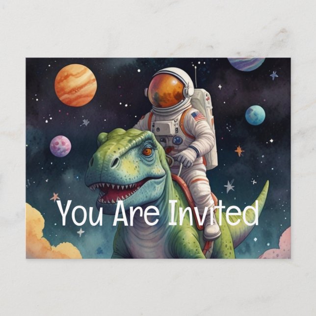 Astronaut on Dino in Space  Invitation Postcard (Front)