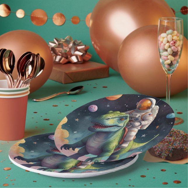 Astronaut on Dino in Space Paper Plates (Multi)