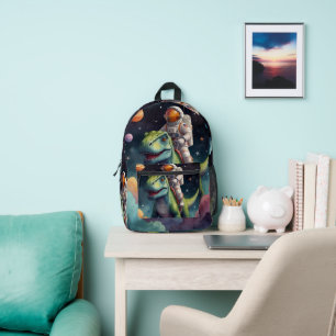 Astronaut on Dino in Space  Printed Backpack