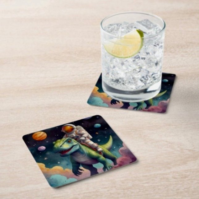 Astronaut on Dino in Space  Square Paper Coaster (Creator Uploaded)