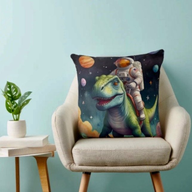 Astronaut on Dino in Space Throw Pillow (Creator Uploaded)