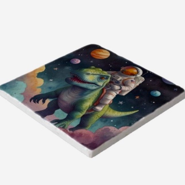 Astronaut on Dino in Space Trivet (Stone trivet. Dimensions: 6" x6" two types of stone. Cork backing scratch free. 
)