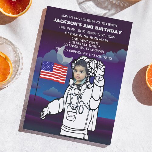 Astronaut On Moon Outer Space Boy Birthday Invitation